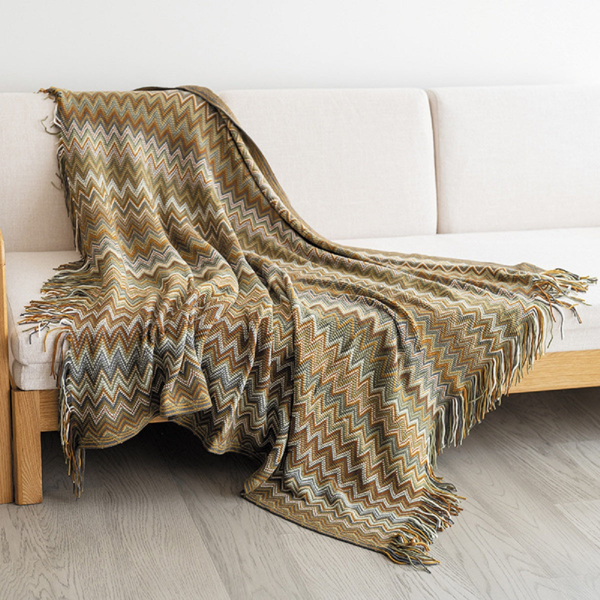 Boho Chevron Knitted Throw Blanket with Fringe Tassels