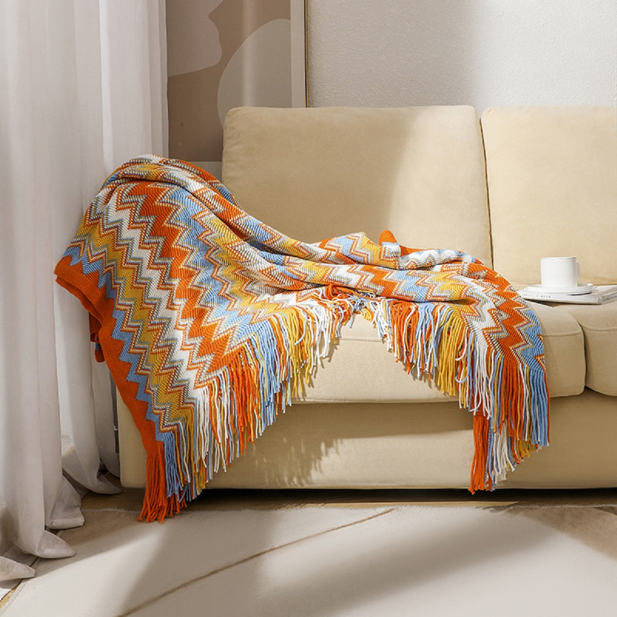 Boho Chevron Knitted Throw Blanket with Fringe Tassels
