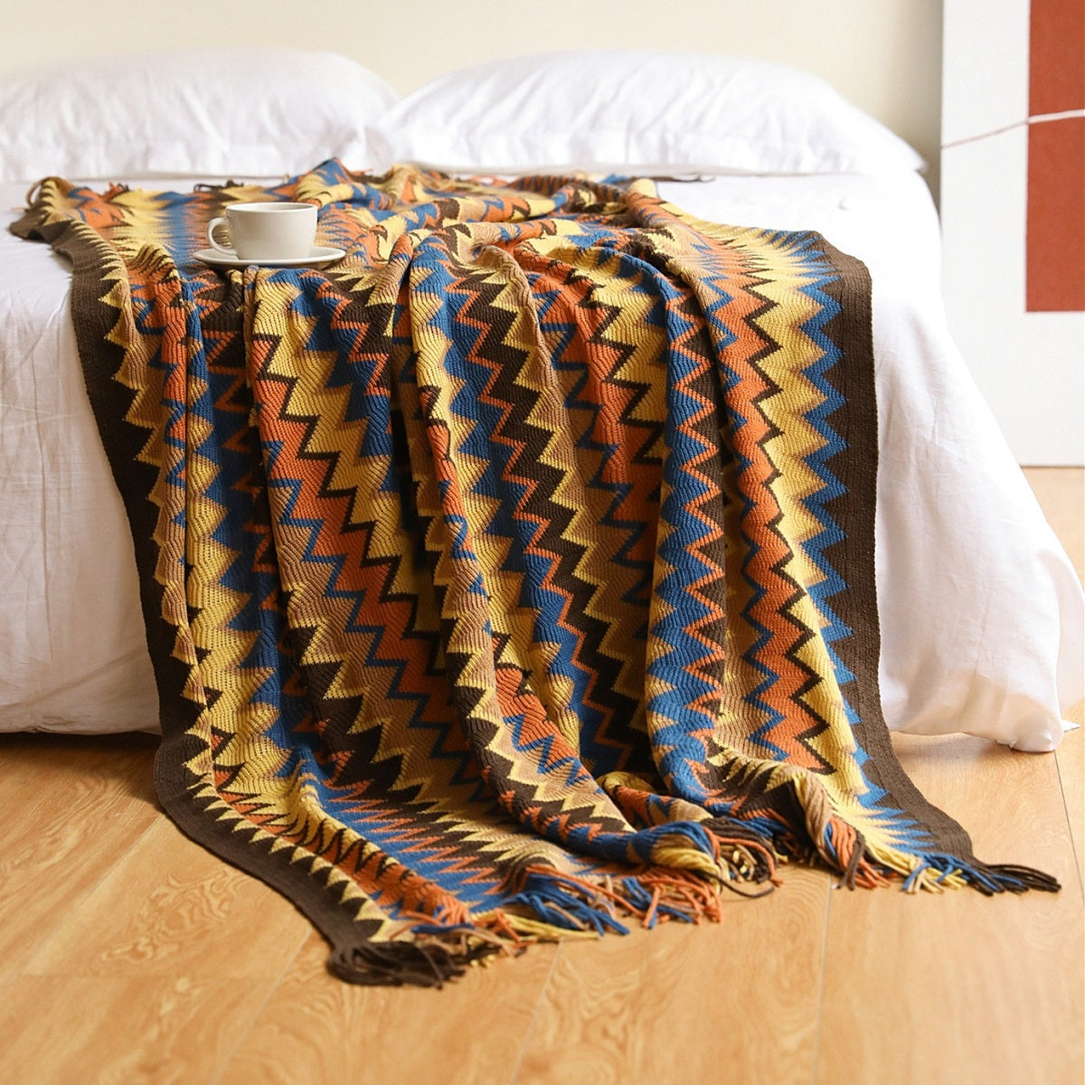 Boho Chevron Knitted Throw Blanket with Fringe Tassels