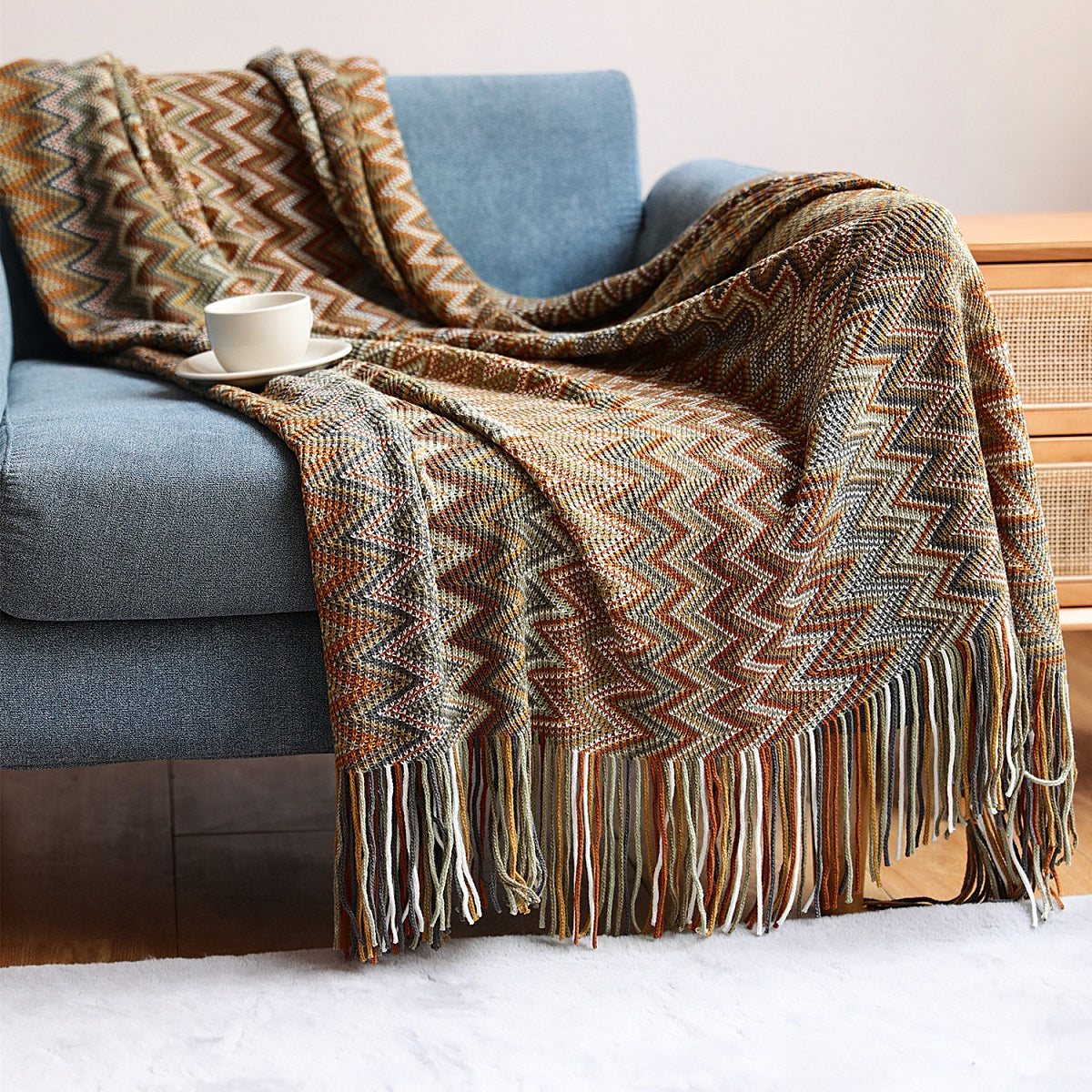 Boho Chevron Knitted Throw Blanket with Fringe Tassels