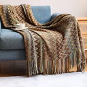 Boho Chevron Knitted Throw Blanket with Fringe Tassels