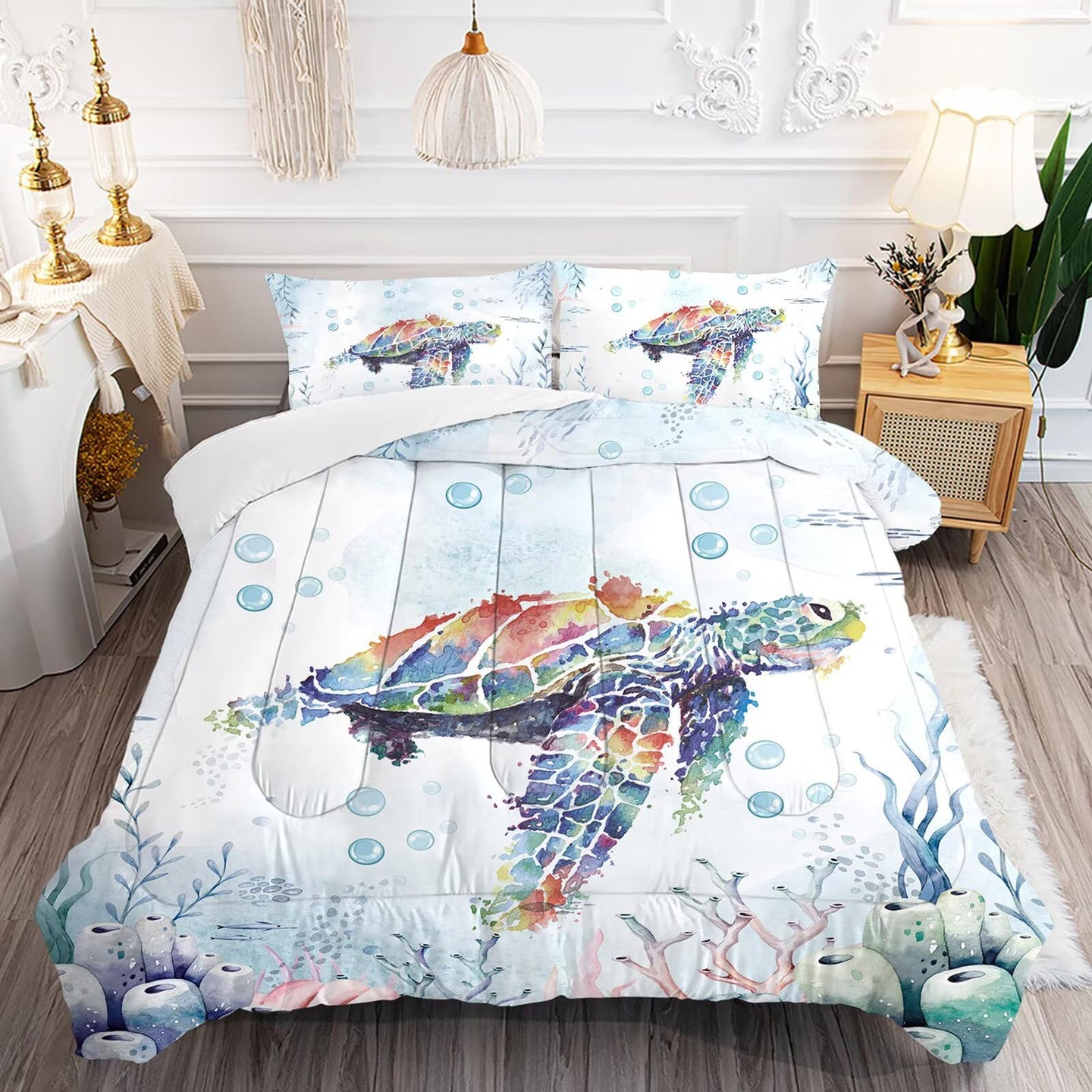 Liveonus 3 Pieces Coastal Beach Theme Comforter Set with Nautical Turtle Design