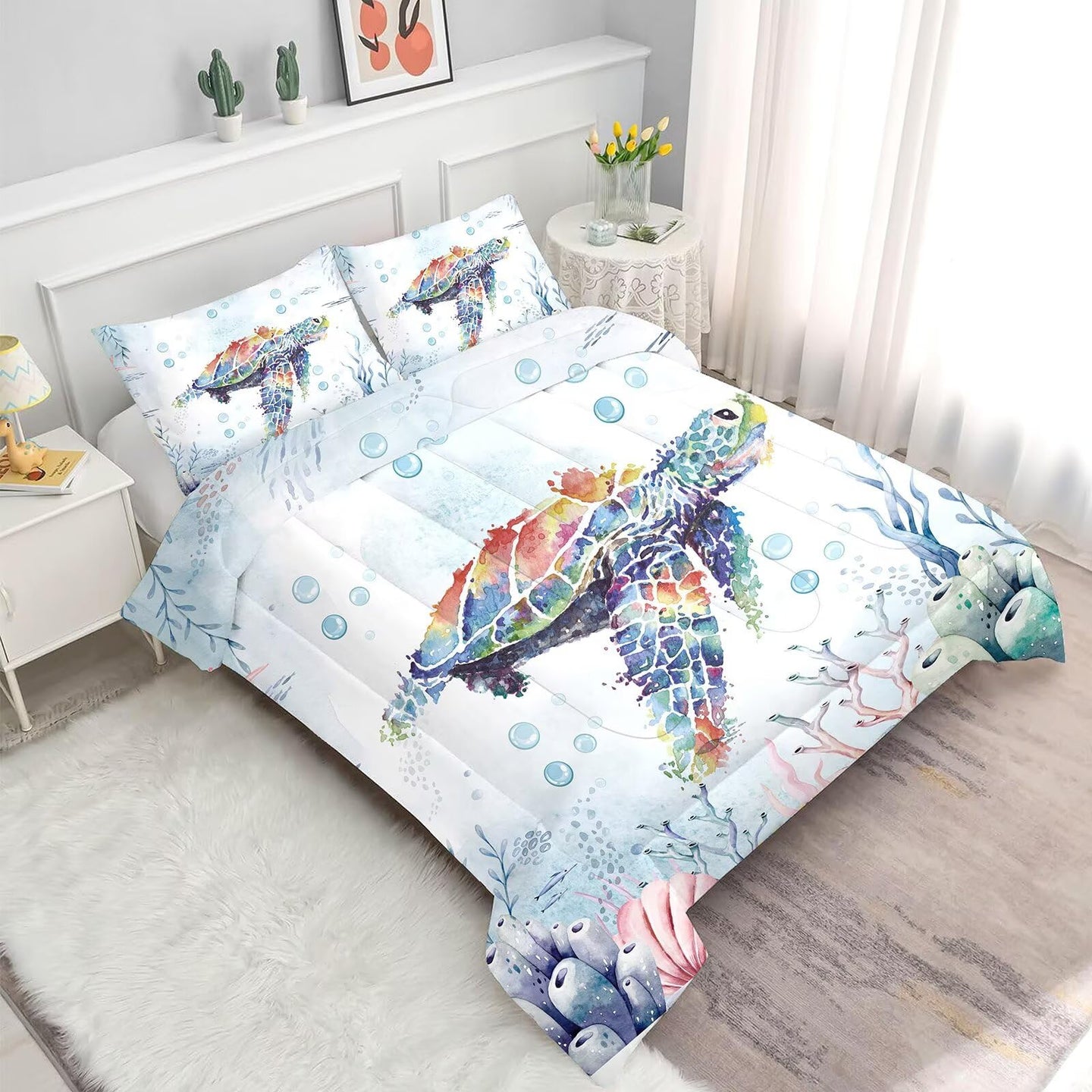 Liveonus 3 Pieces Coastal Beach Theme Comforter Set with Nautical Turtle Design
