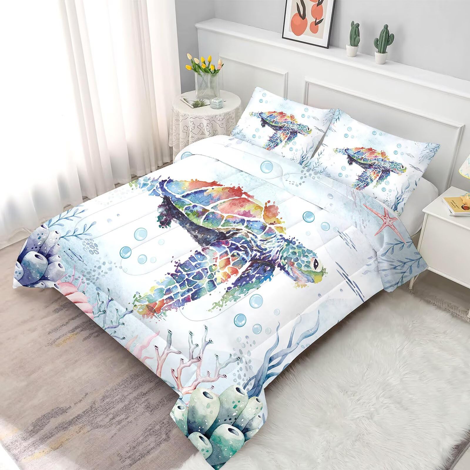 Liveonus 3 Pieces Coastal Beach Theme Comforter Set with Nautical Turtle Design