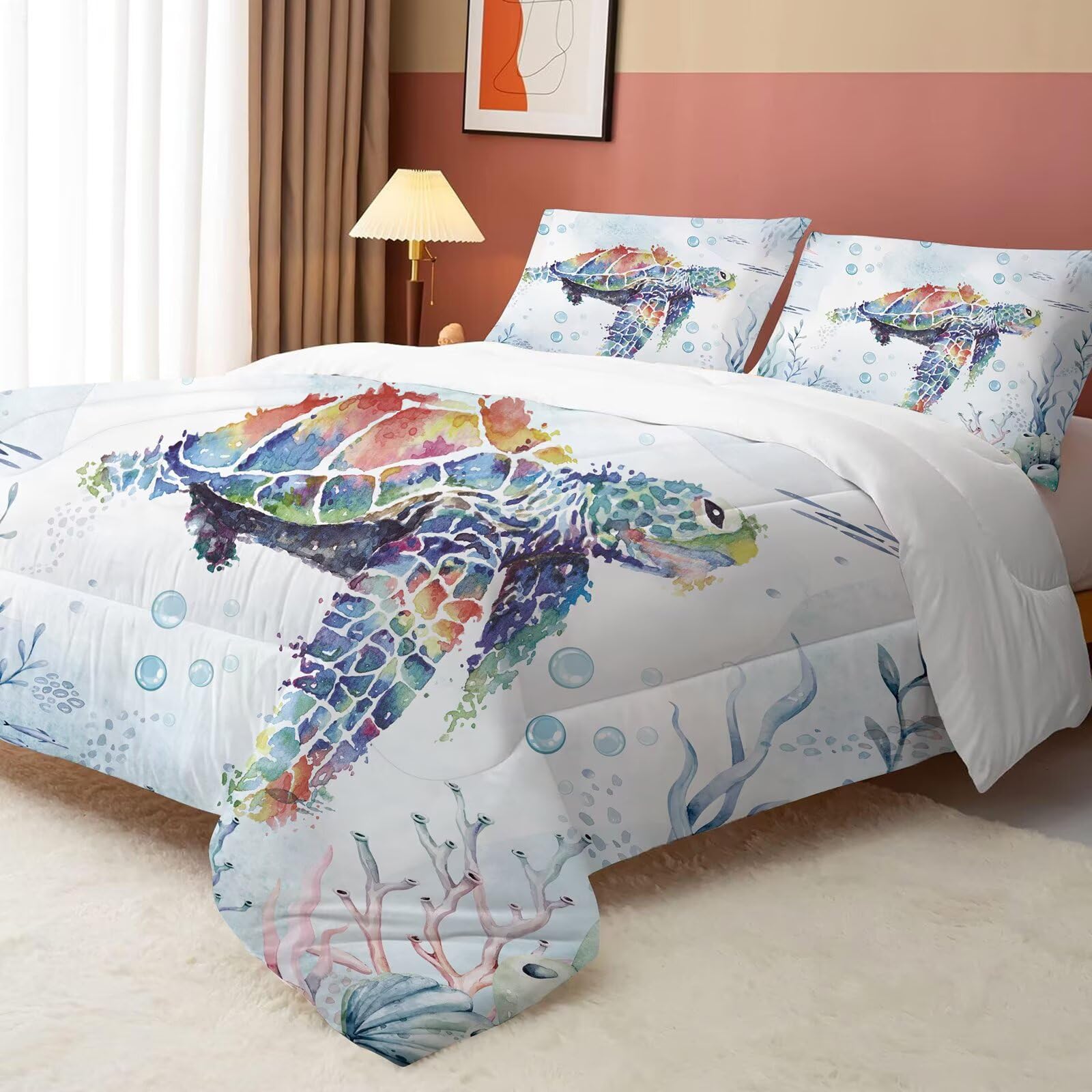 Liveonus 3 Pieces Coastal Beach Theme Comforter Set with Nautical Turtle Design