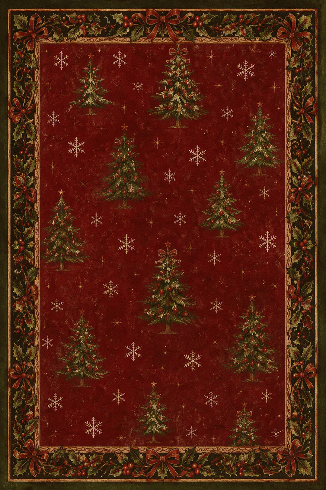 Vintage Christmas Tree Holly Berry Washable Area Rug