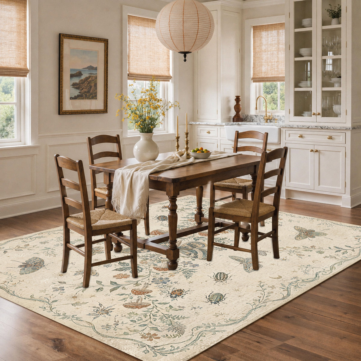 Vintage Floral & Butterfly Botanical Non Slip Washable Area Rug