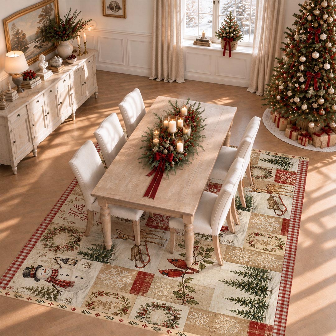 Hello Winter Patchwork Christmas Non‑Slip Washable Area Rug