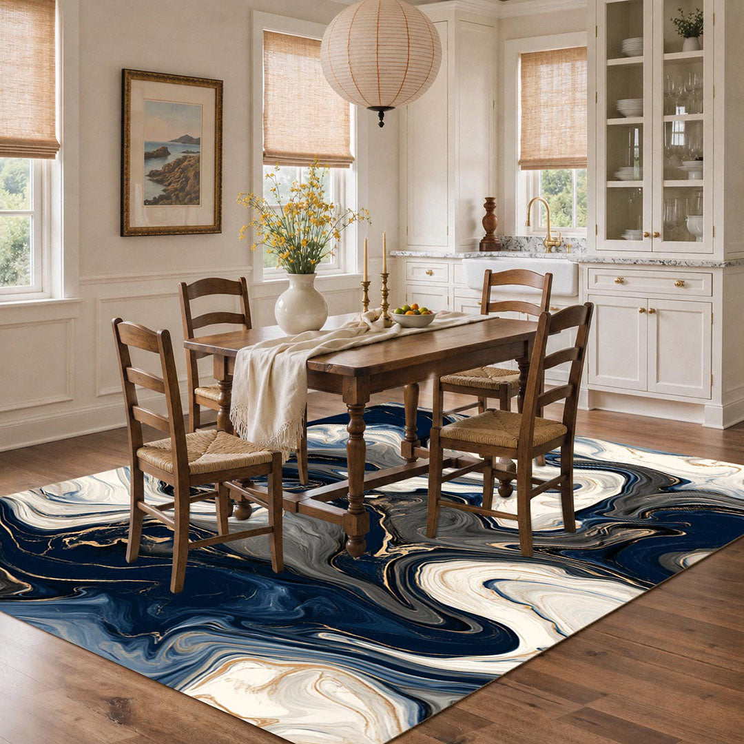 Marble Swirl Fluid Abstract Gold Vein Non‑Slip Area Rug