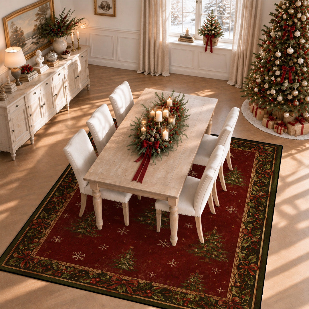 Vintage Christmas Tree Holly Berry Washable Area Rug