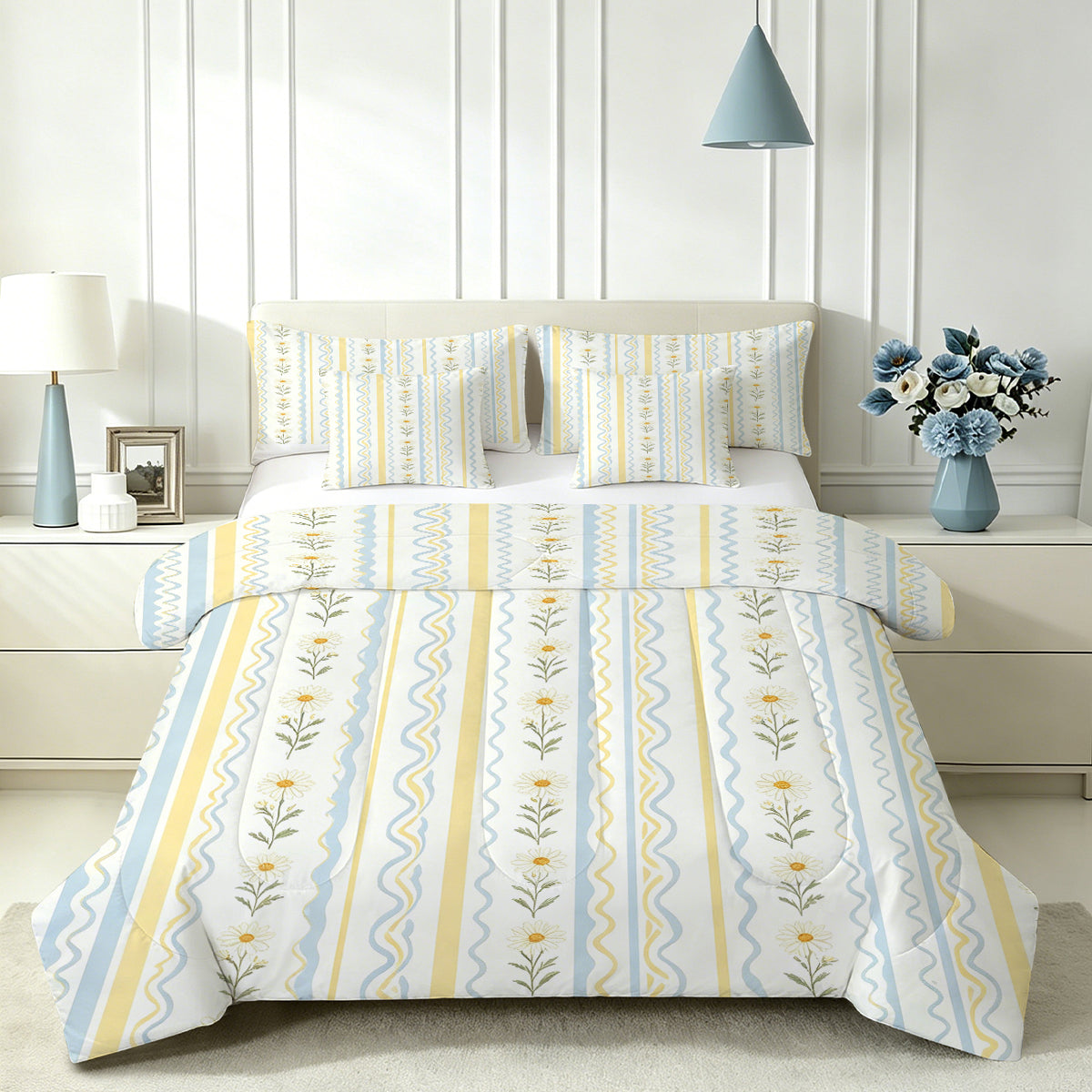 Liveonus 7pc Pastel Daisy Wavy Stripe Complete Bed In A Bag Comforter Set