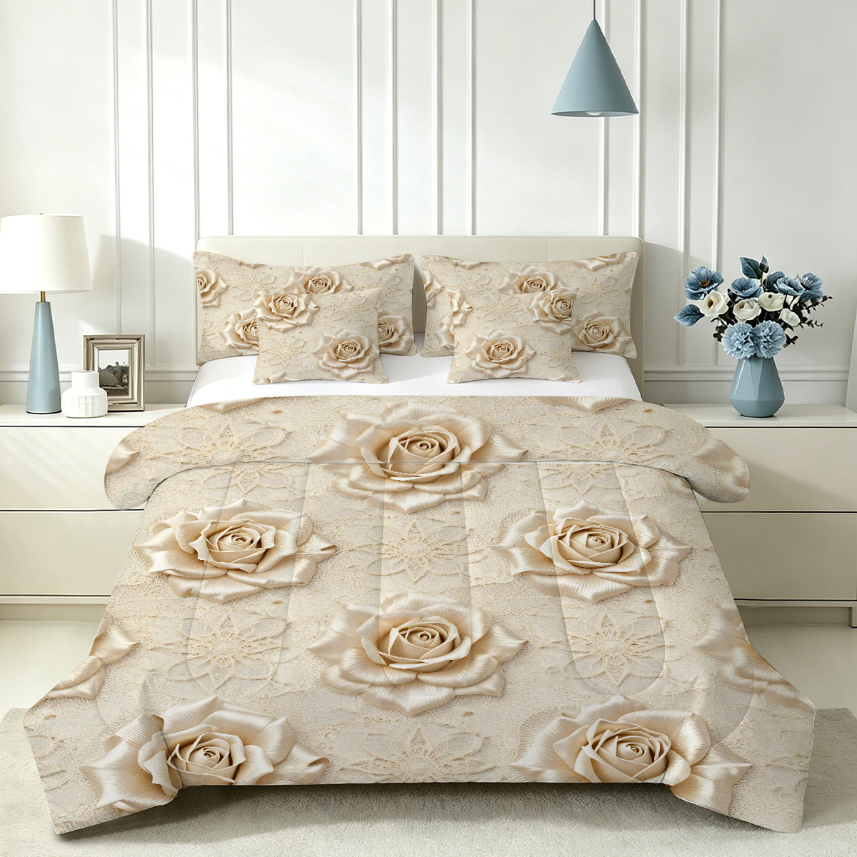 Liveonus 7pc Beige 3D Rose Lace Complete Bed In A Bag Comforter Set