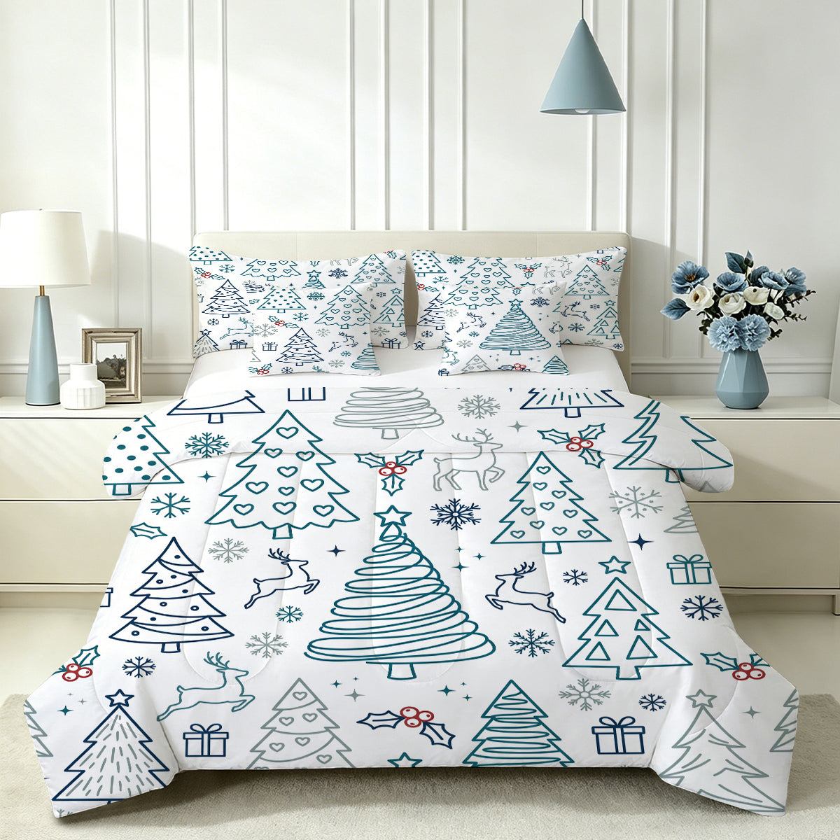 Liveonus 7pc Minimalist Line Art Christmas Tree Complete Bed In A Bag Comforter Set