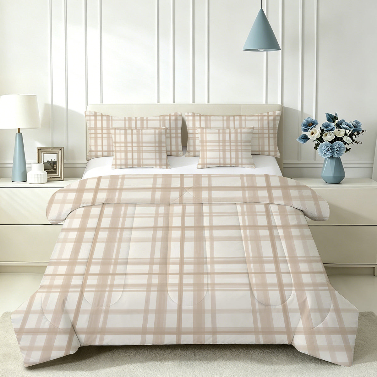 Liveonus 7pc Beige Neutral Plaid Comforter Set All Season Bedding