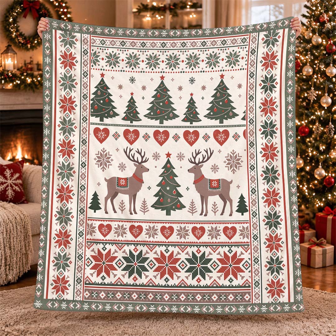 Vintage Christmas Reindeer Throw Blanket