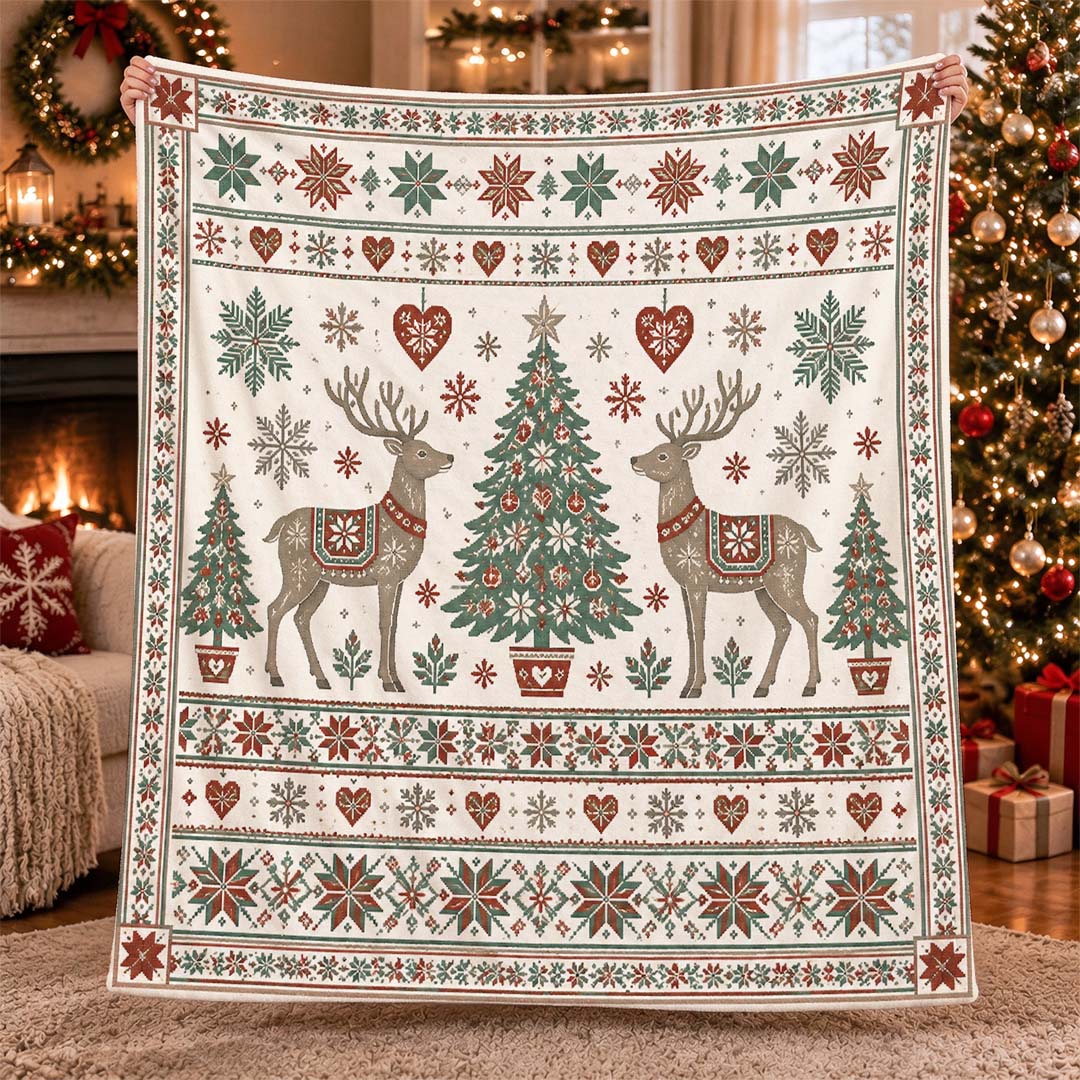 Vintage Christmas Reindeer Throw Blanket