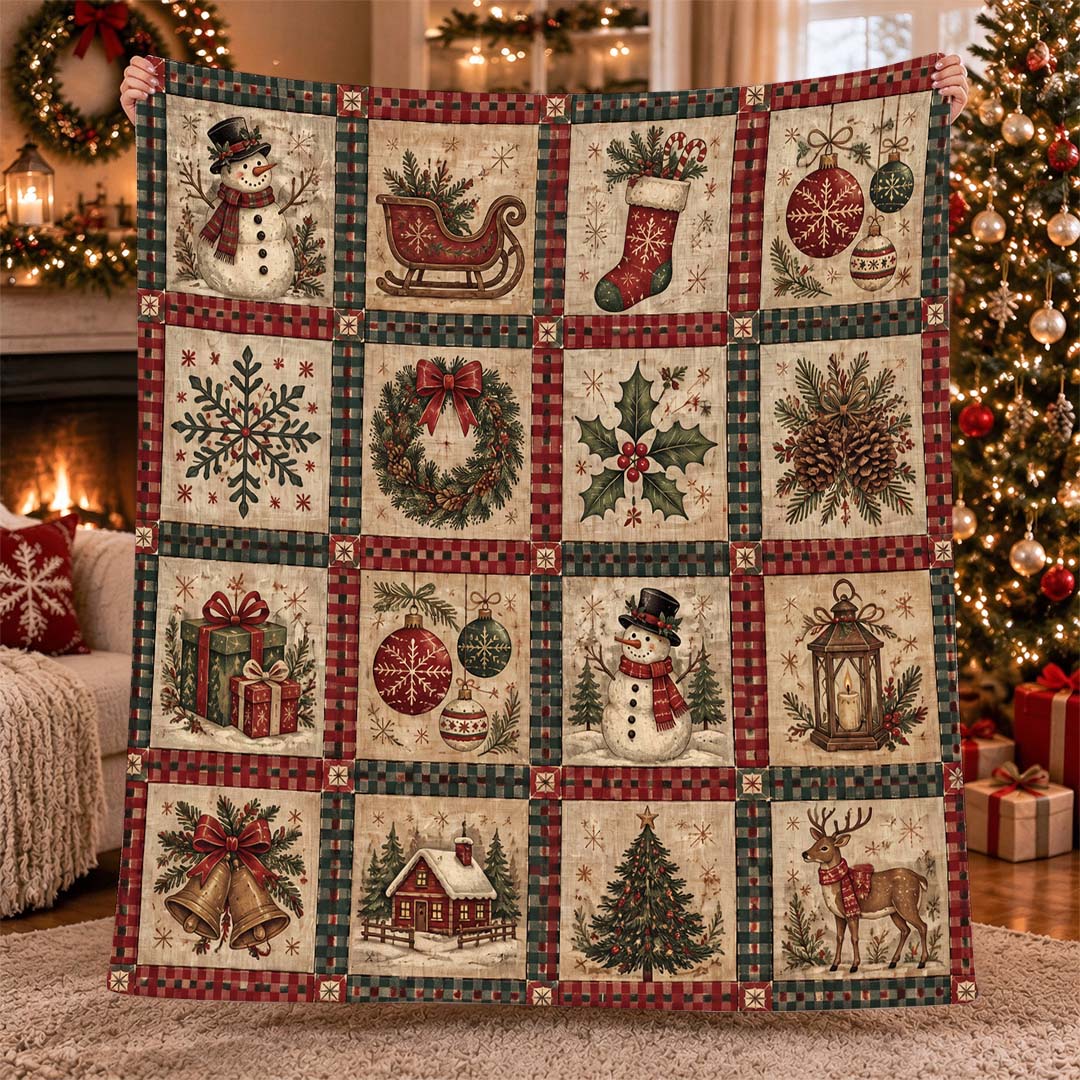 Vintage Christmas Patchwork Throw Blanket