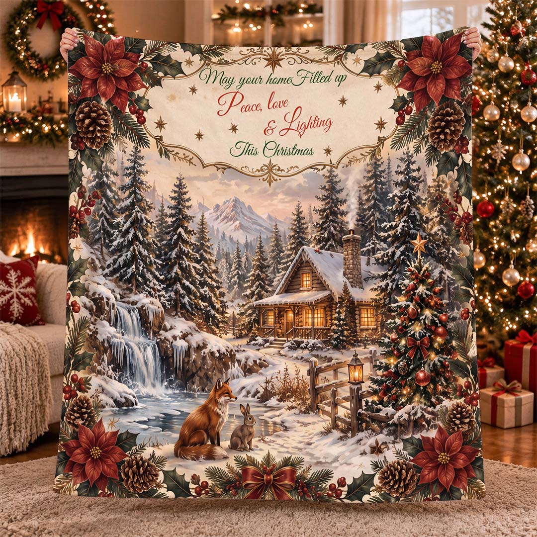 Vintage Christmas Cabin Winter Forest Throw Blanket