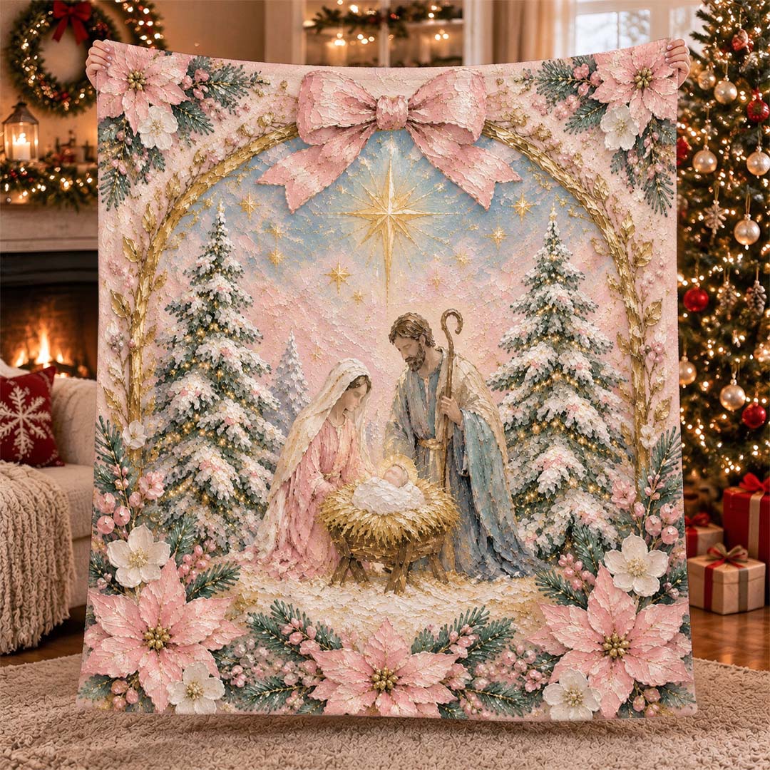 Pink Christmas Nativity Scene Throw Blanket