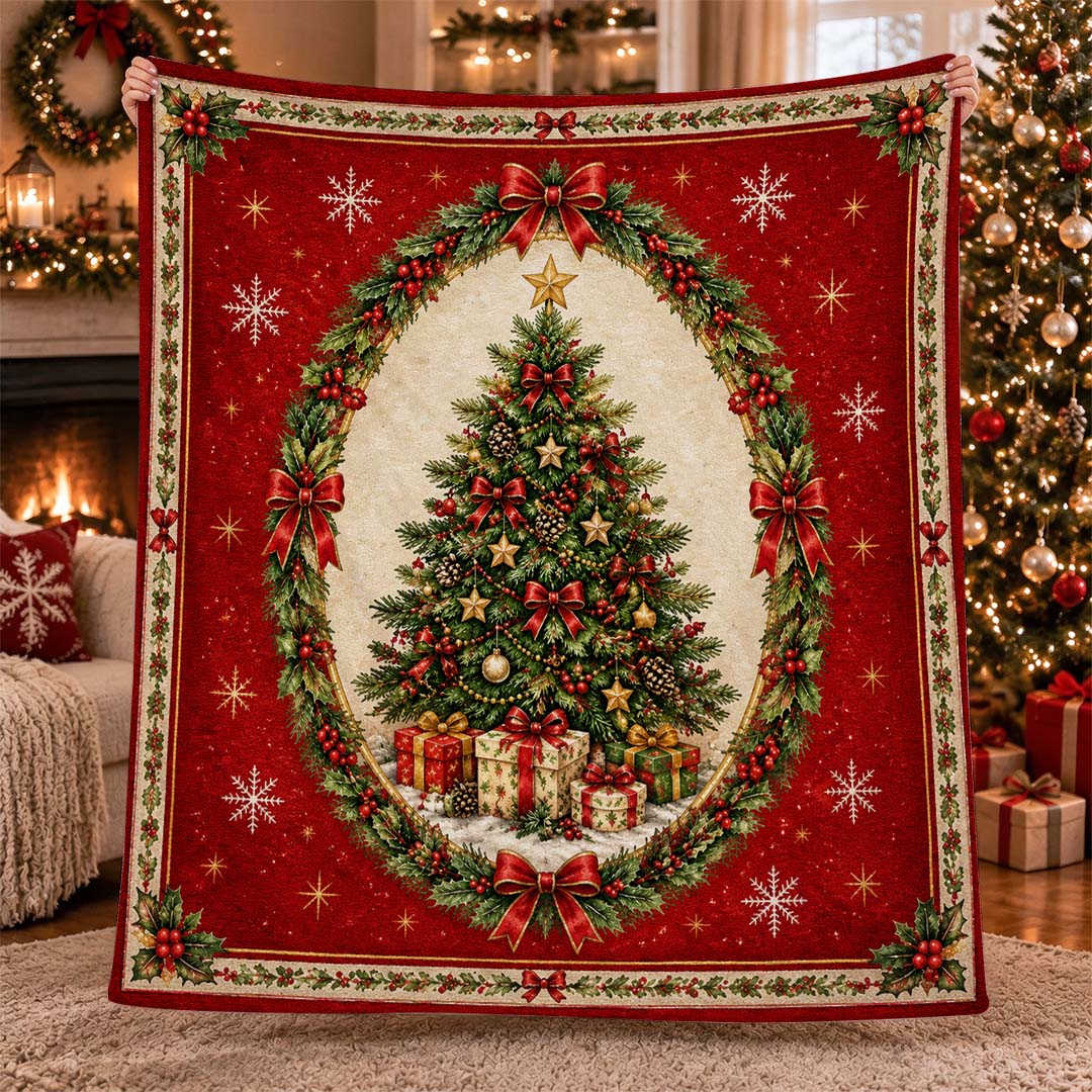 Vintage Red Christmas Tree Wreath Throw Blanket