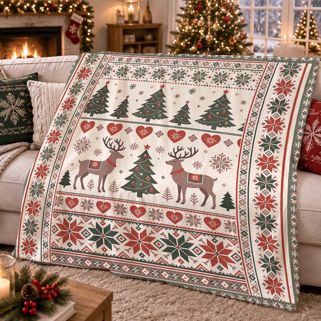 Vintage Christmas Reindeer Throw Blanket