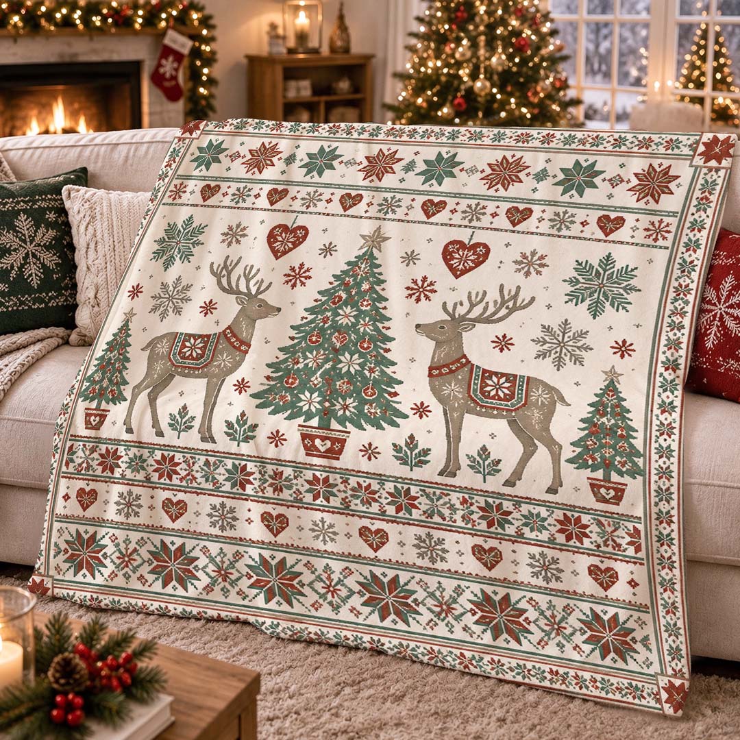 Vintage Christmas Reindeer Throw Blanket