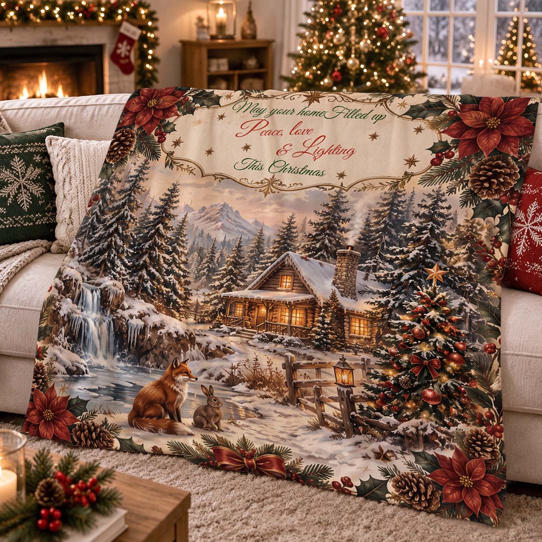 Vintage Christmas Cabin Winter Forest Throw Blanket