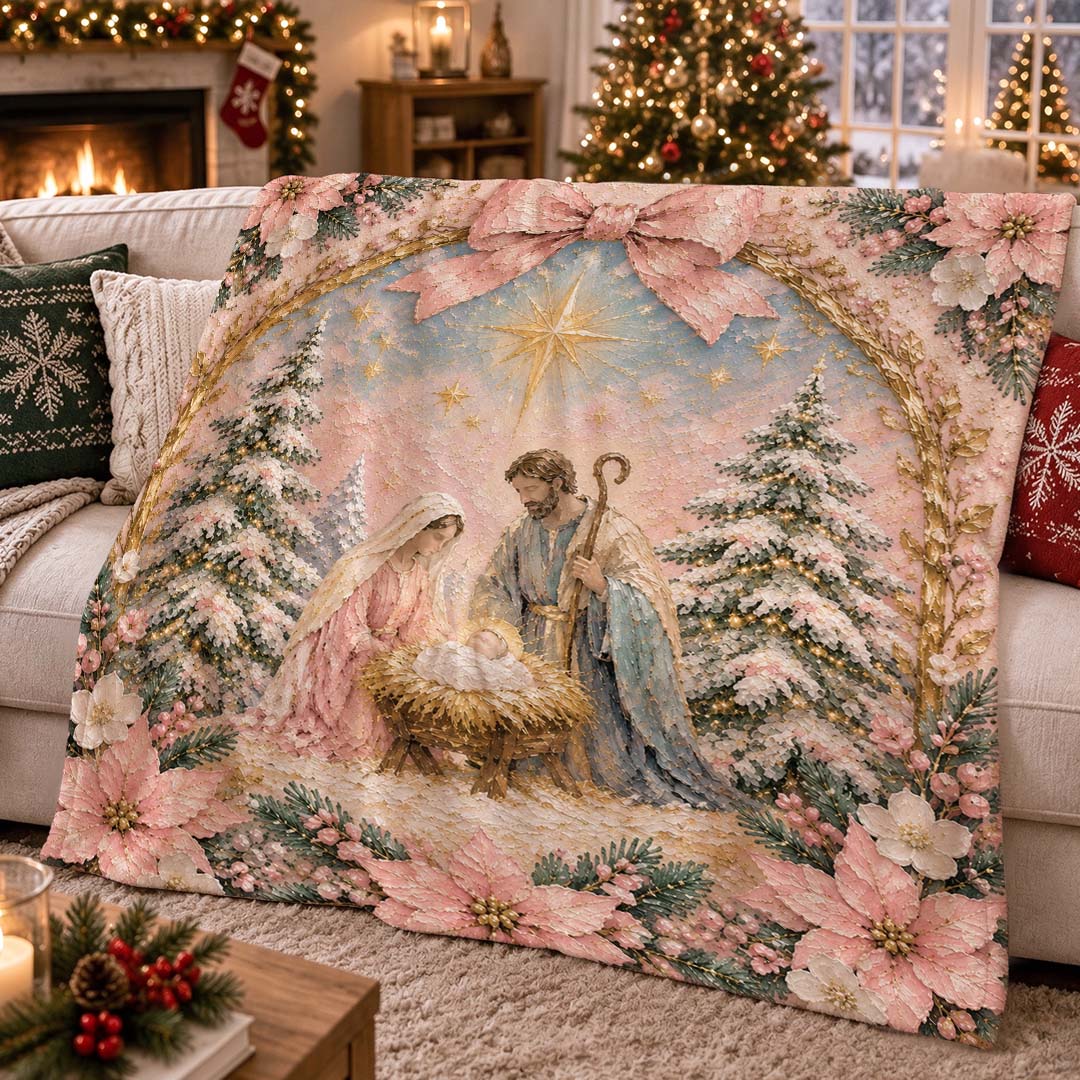 Pink Christmas Nativity Scene Throw Blanket