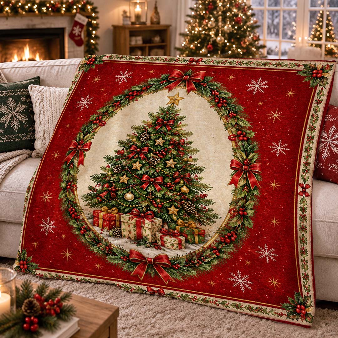 Vintage Red Christmas Tree Wreath Throw Blanket