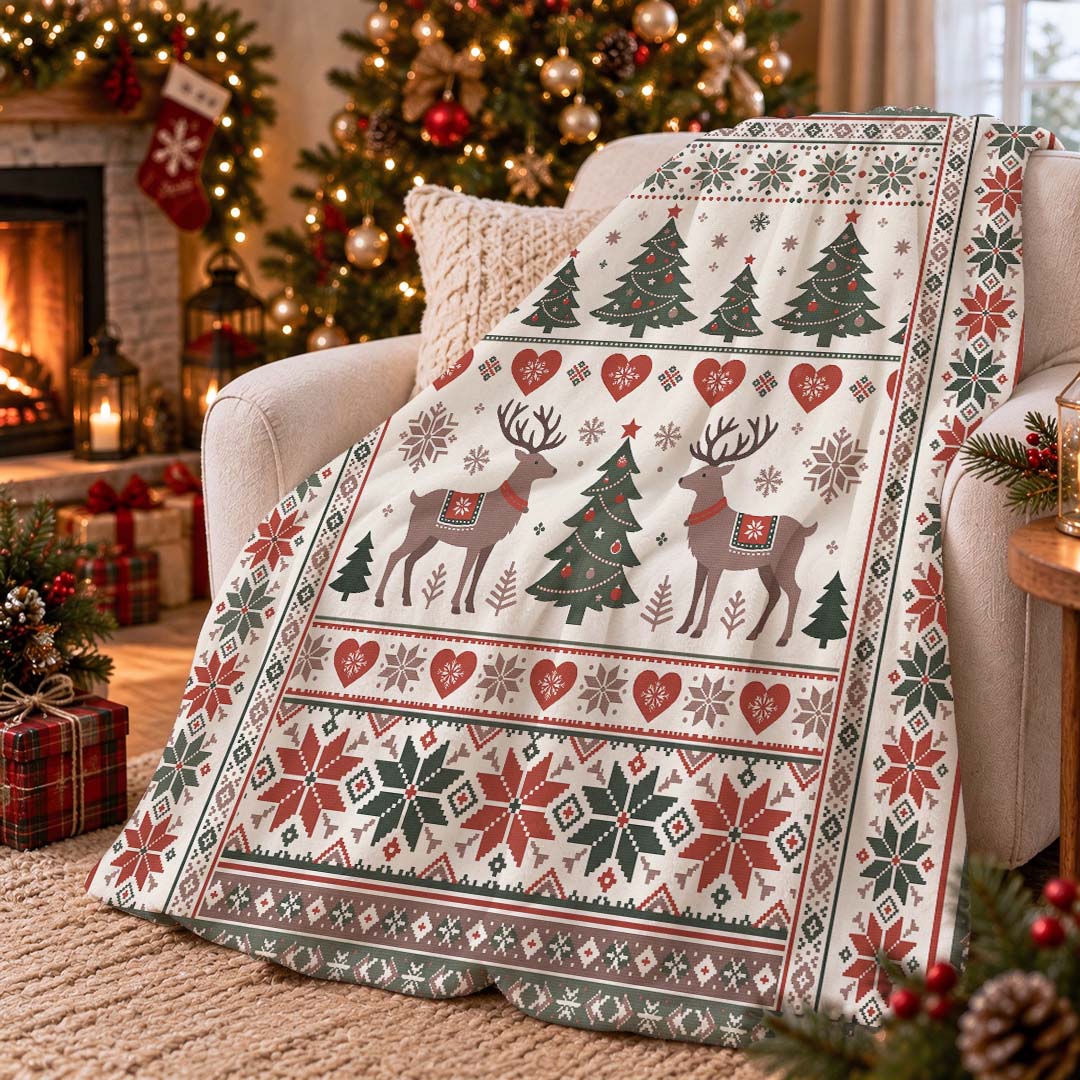 Vintage Christmas Reindeer Throw Blanket