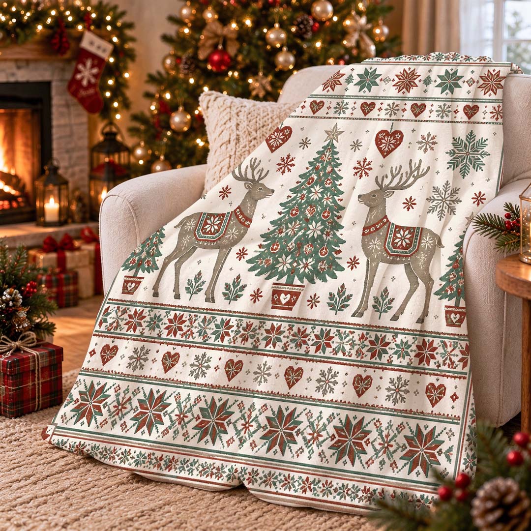 Vintage Christmas Reindeer Throw Blanket