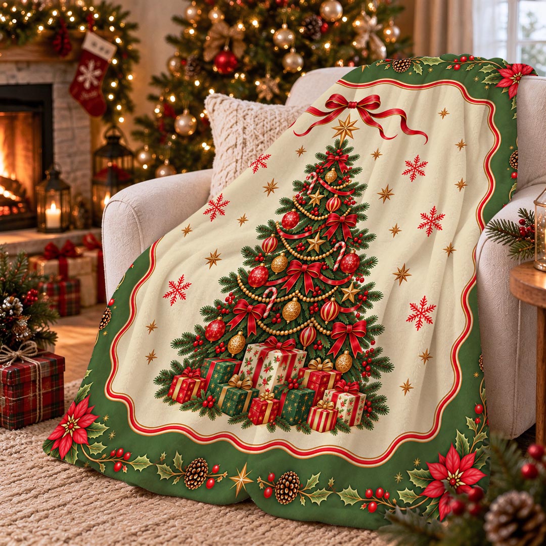 Vintage Christmas Tree Gift Box Throw Blanket