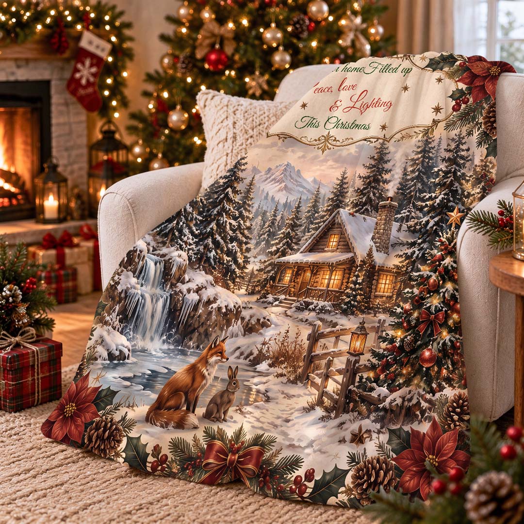 Vintage Christmas Cabin Winter Forest Throw Blanket