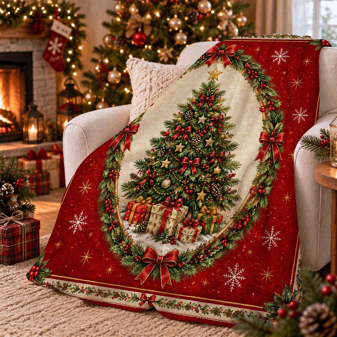 Vintage Red Christmas Tree Wreath Throw Blanket