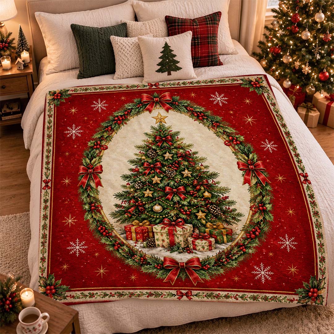 Vintage Red Christmas Tree Wreath Throw Blanket