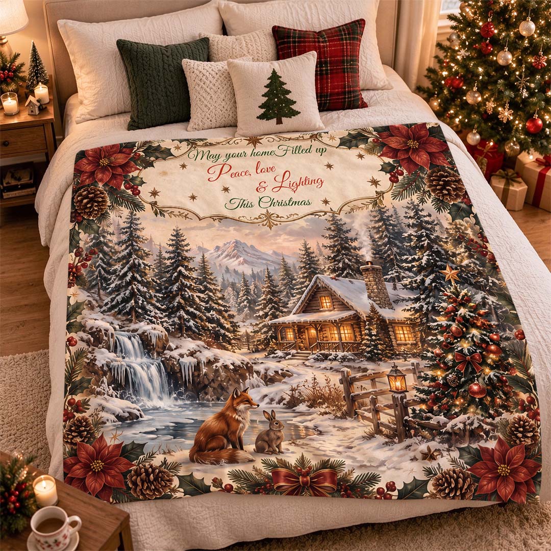 Vintage Christmas Cabin Winter Forest Throw Blanket