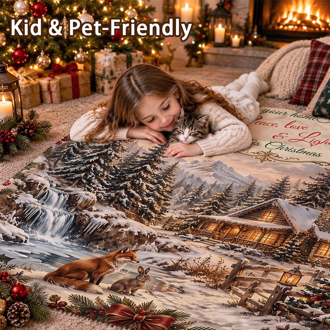Vintage Christmas Cabin Winter Forest Throw Blanket