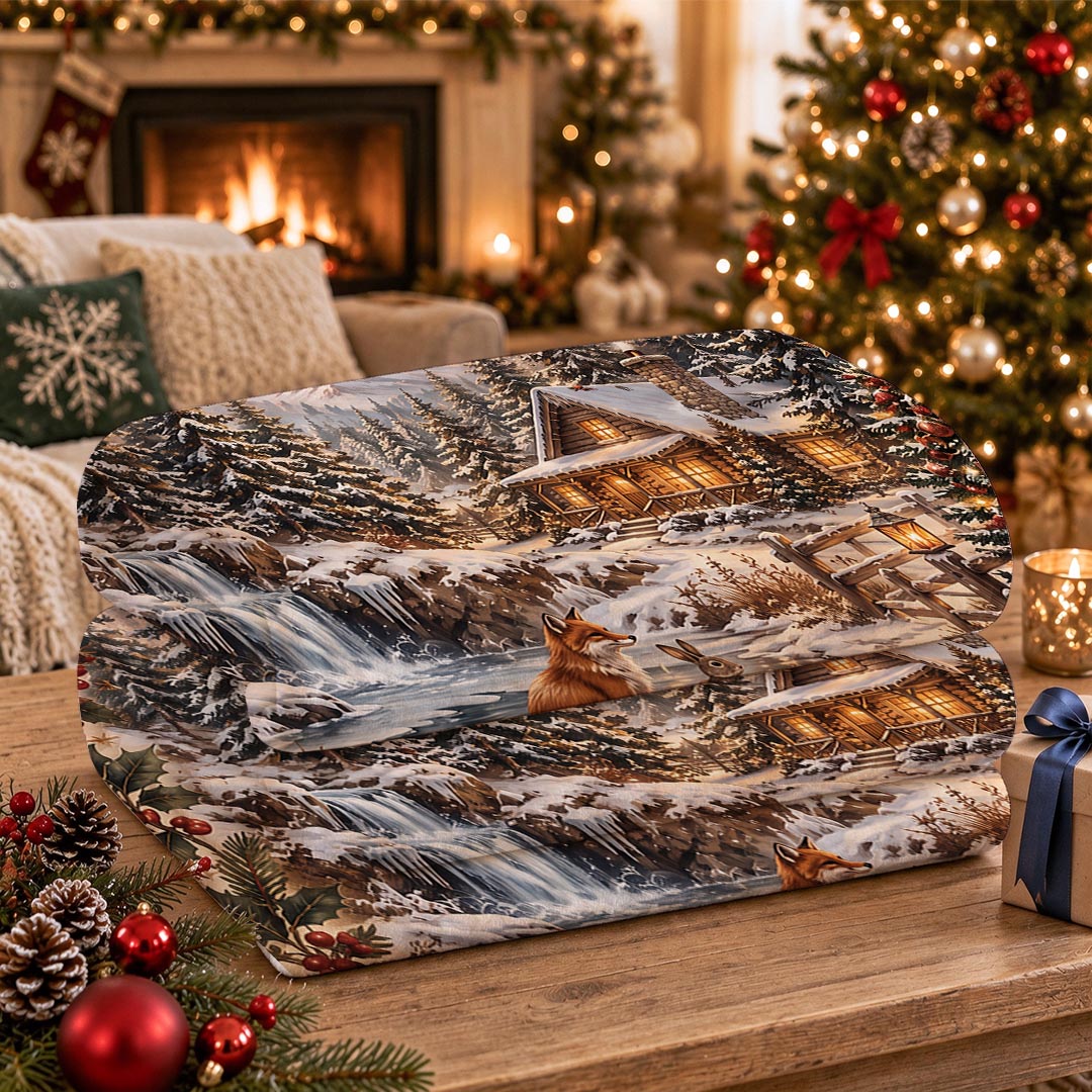 Vintage Christmas Cabin Winter Forest Throw Blanket