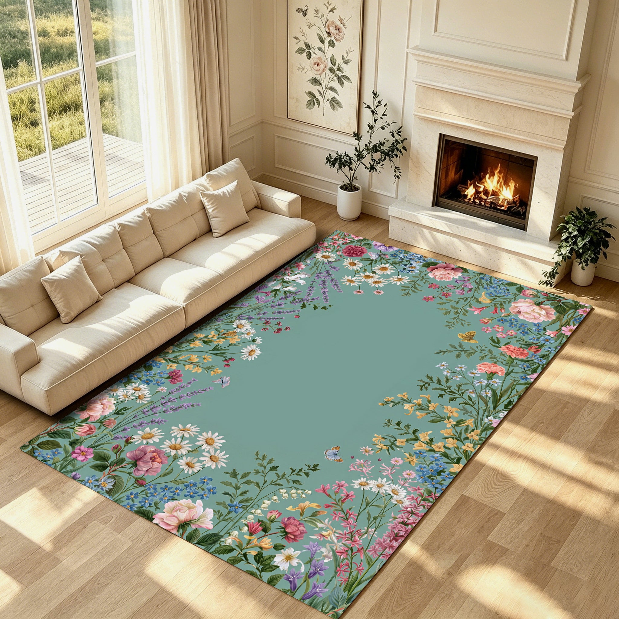 Liveonus Vintage Wildflower Floral Border Non‑Slip Area Rug