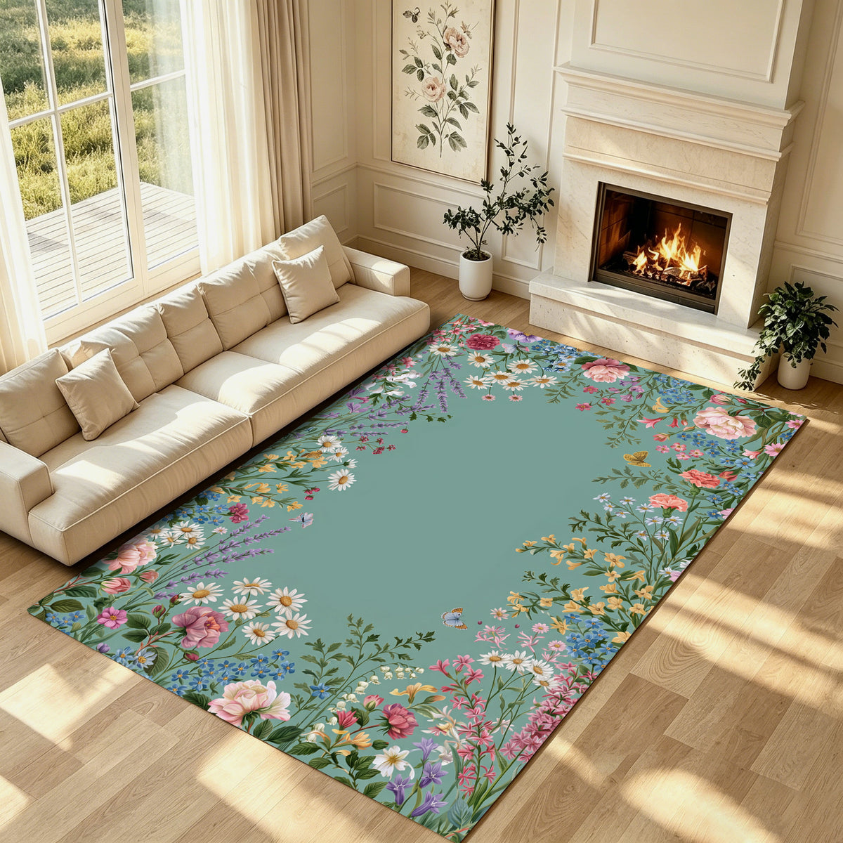 Liveonus Vintage Wildflower Floral Border Non‑Slip Area Rug