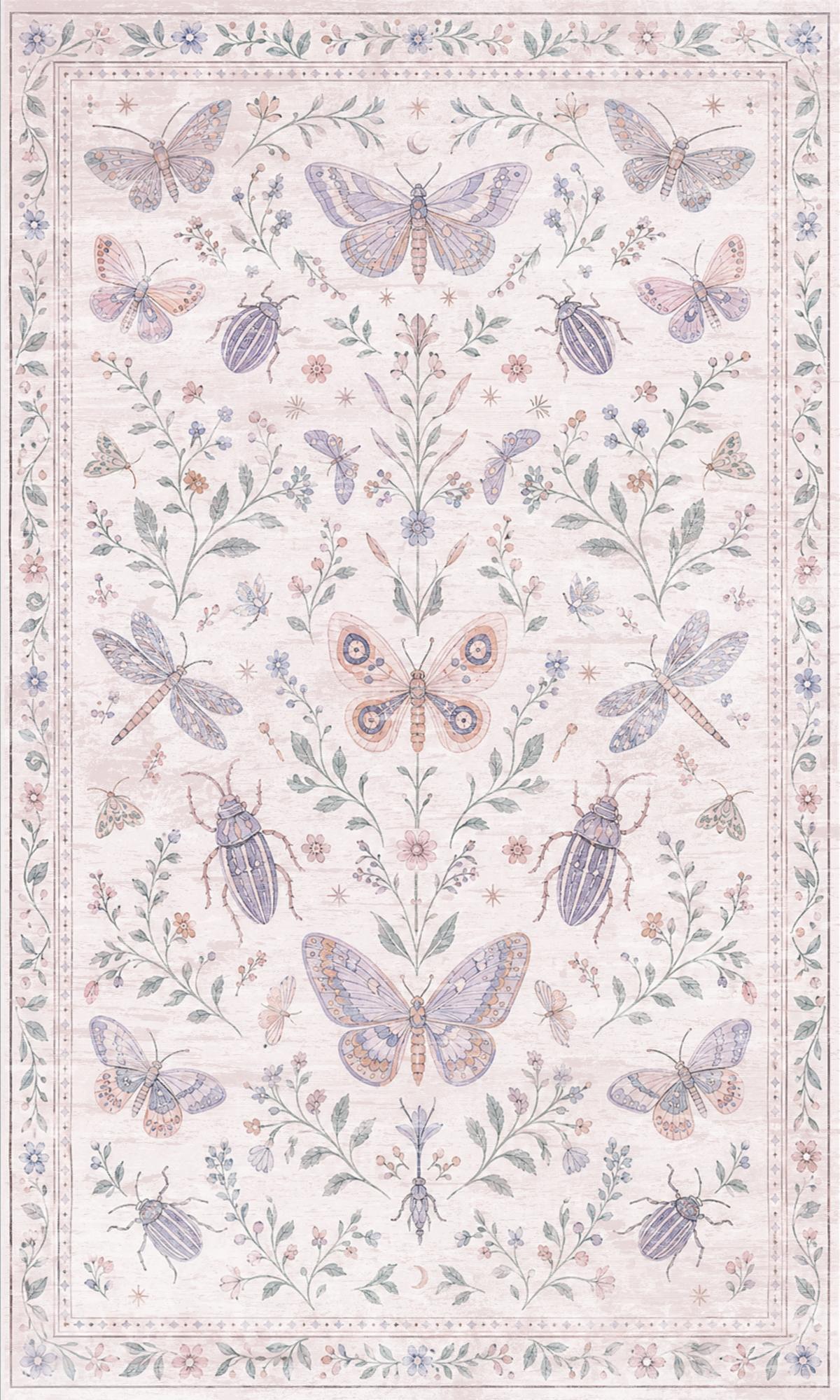 Liveonus Vintage Butterfly Insect Botanical Washable Area Rug