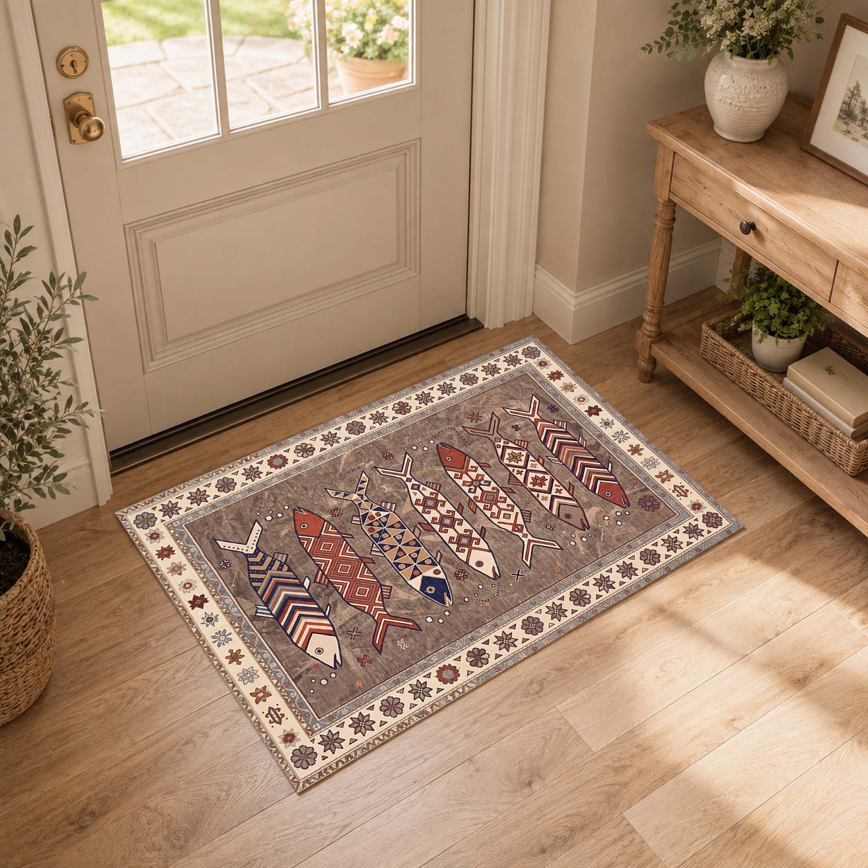 Vintage Boho Fish Non Slip Washable Area Rug
