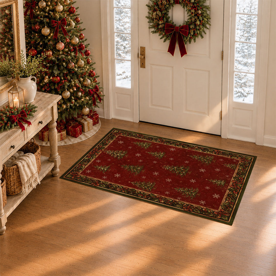 Vintage Christmas Tree Holly Berry Washable Area Rug