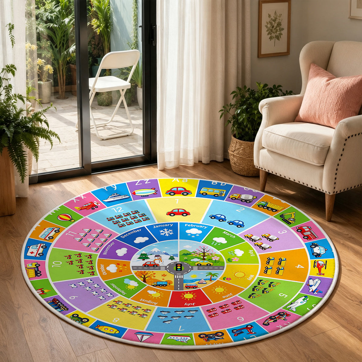 Round Colorful Alphabet Number Kids Area Rug