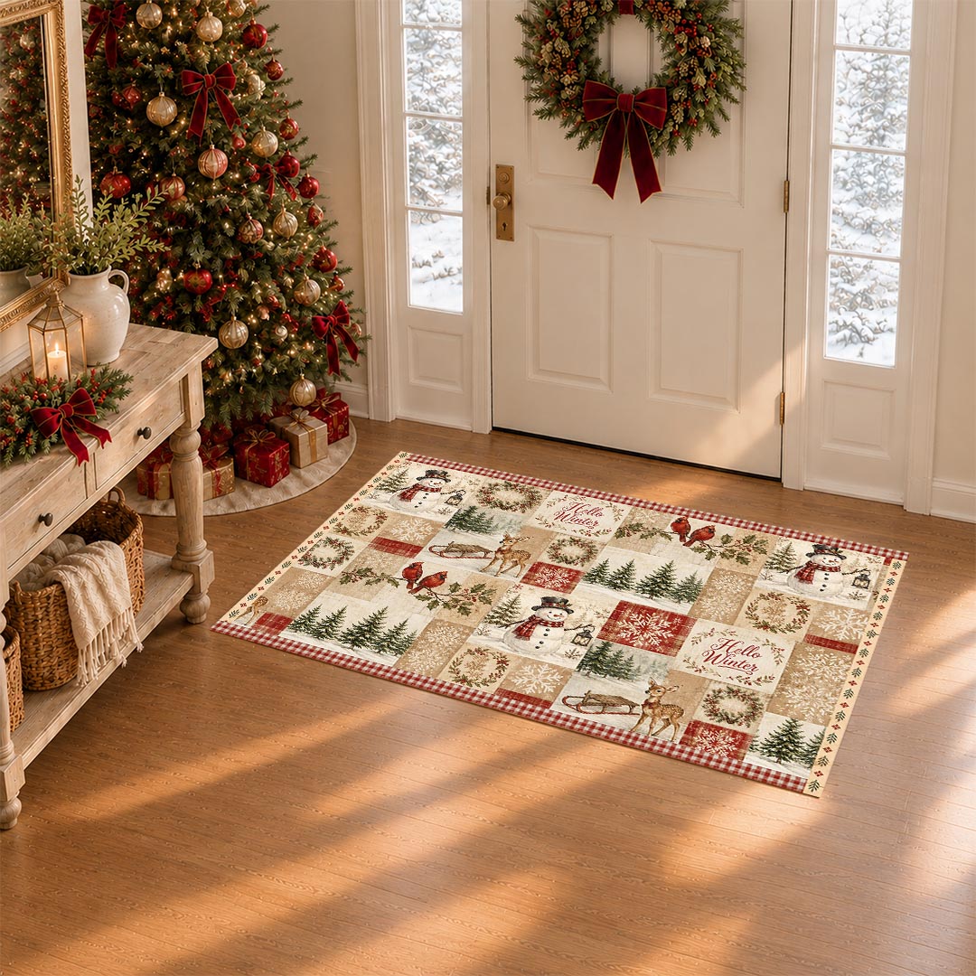 Hello Winter Patchwork Christmas Non‑Slip Washable Area Rug