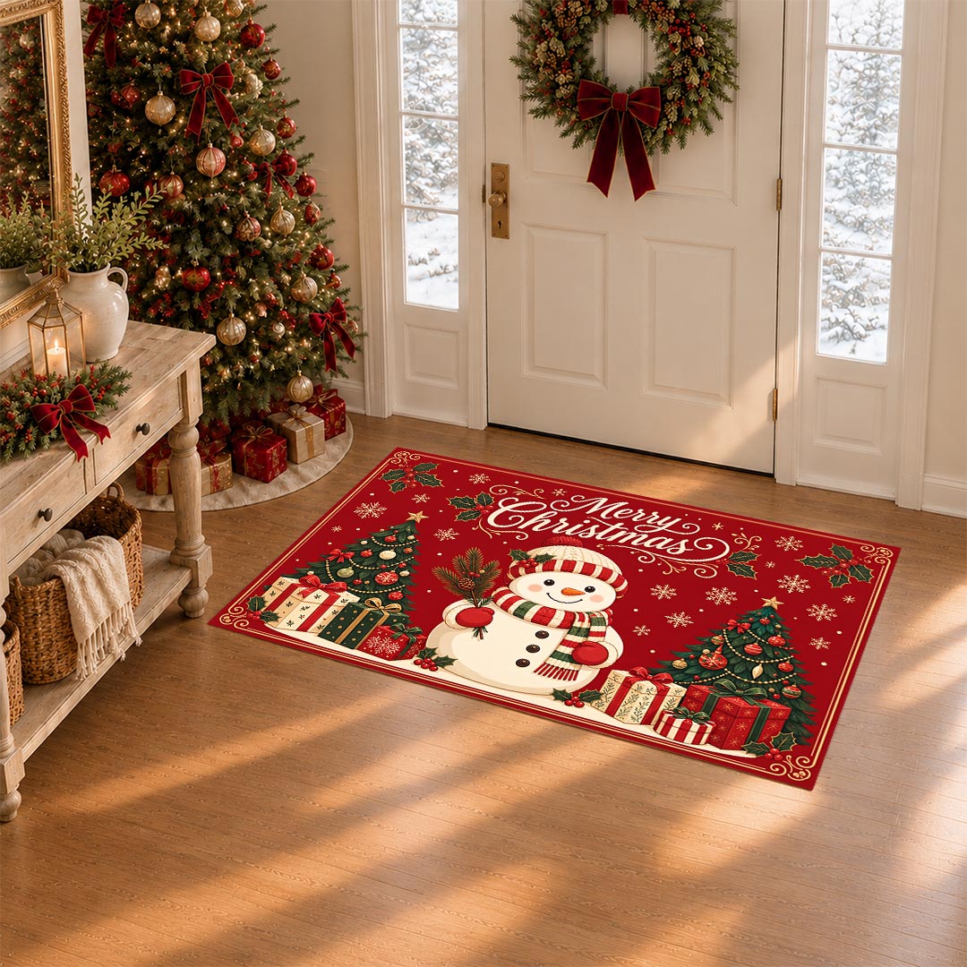 Merry Christmas Snowman Non‑Slip Washable Area Rug
