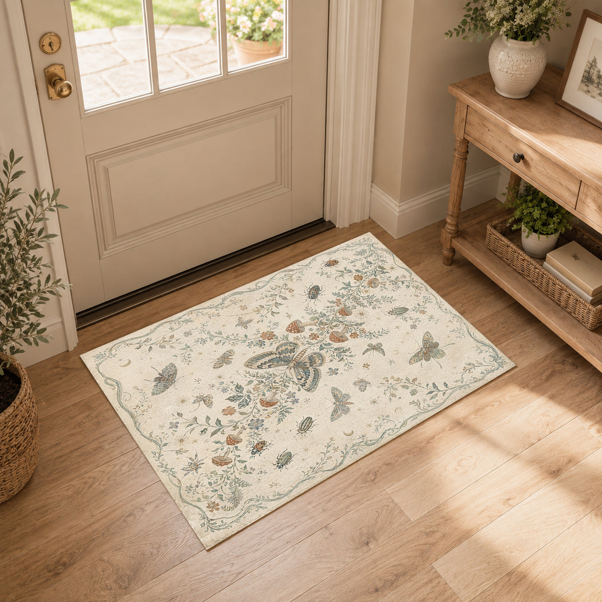 Vintage Floral & Butterfly Botanical Non Slip Washable Area Rug
