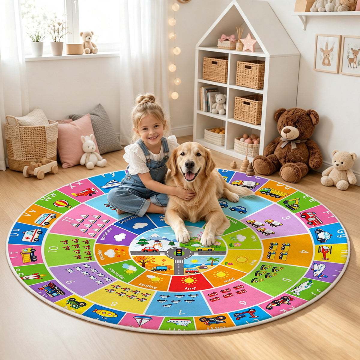 Round Colorful Alphabet Number Kids Area Rug – Game board pattern with vehicle illustrations