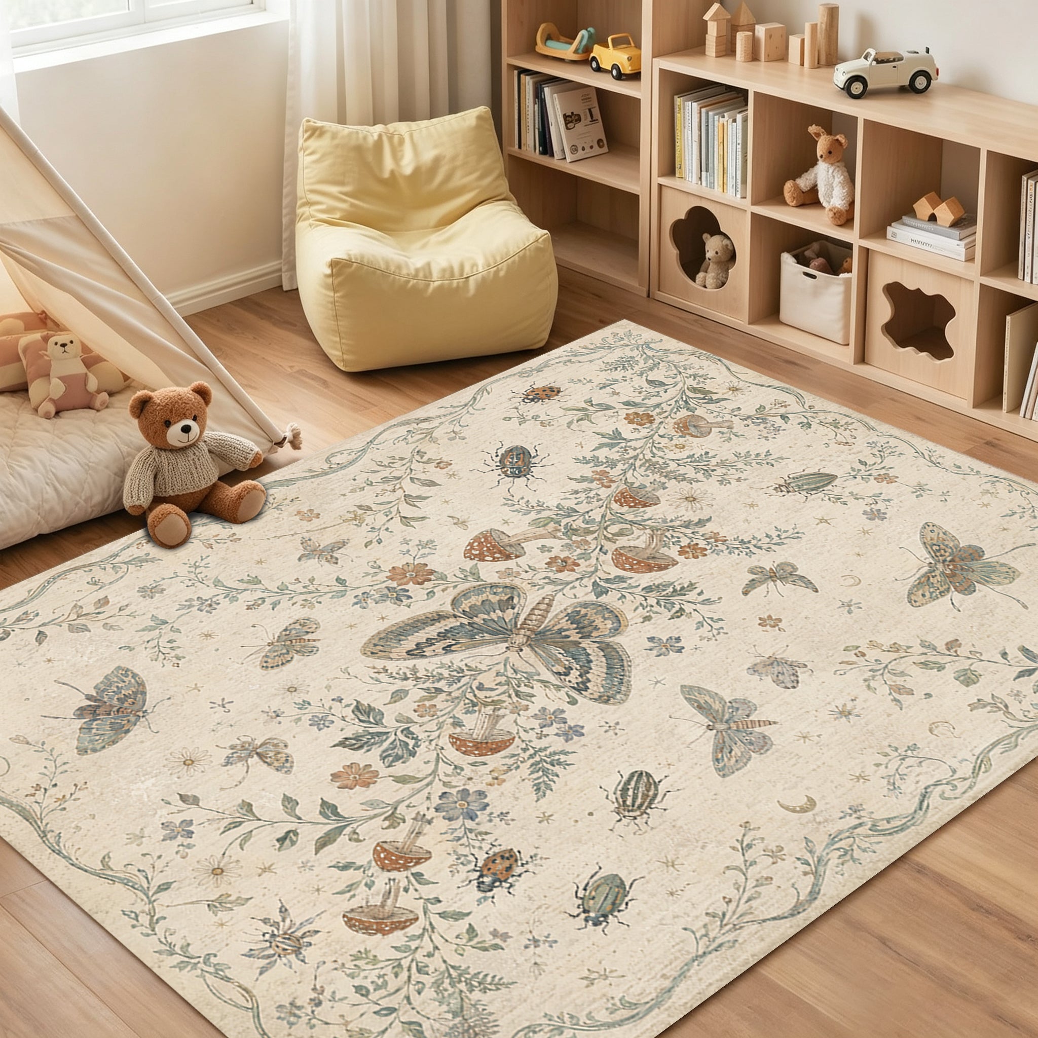 Vintage Floral & Butterfly Botanical Non Slip Washable Area Rug