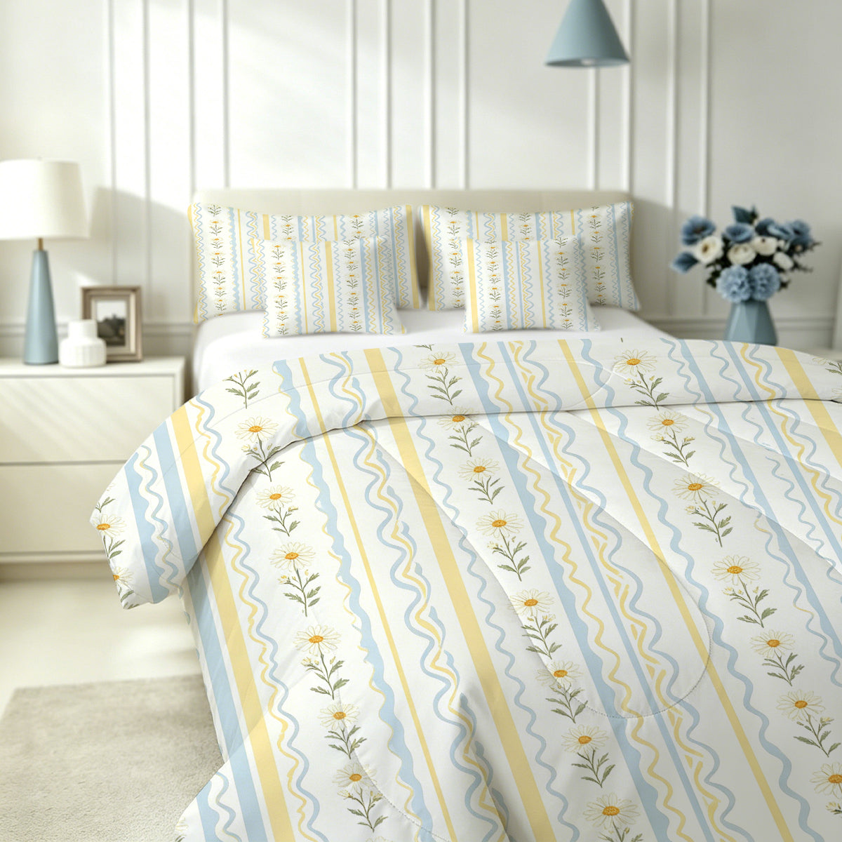 Liveonus 7pc Pastel Daisy Wavy Stripe Complete Bed In A Bag Comforter Set